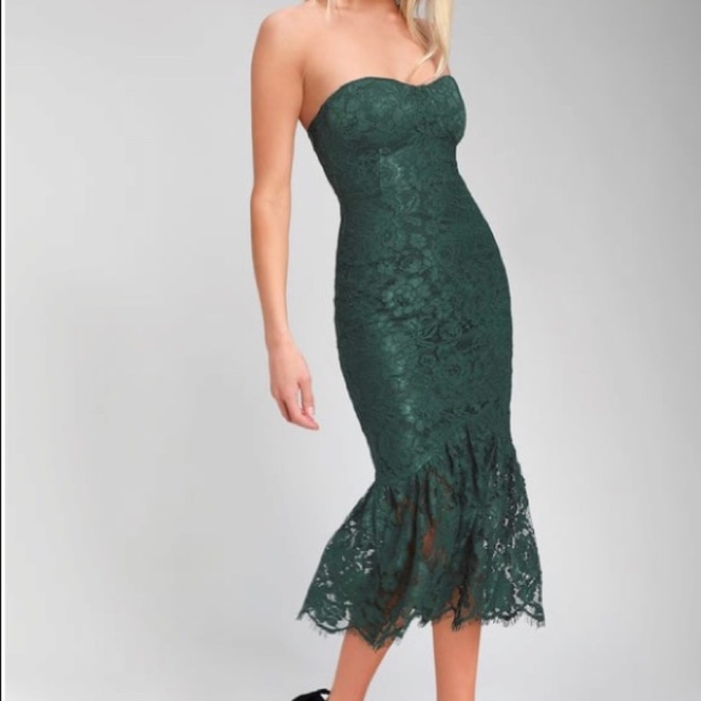 Lulu’s Forest Green Lace Strapless Midi Dress